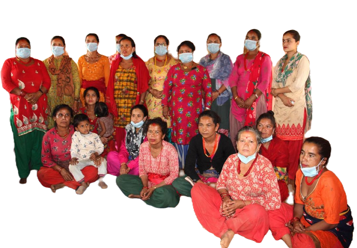 Members of a women's self-help group sit together for a quarterly review meeting, Indrawati.