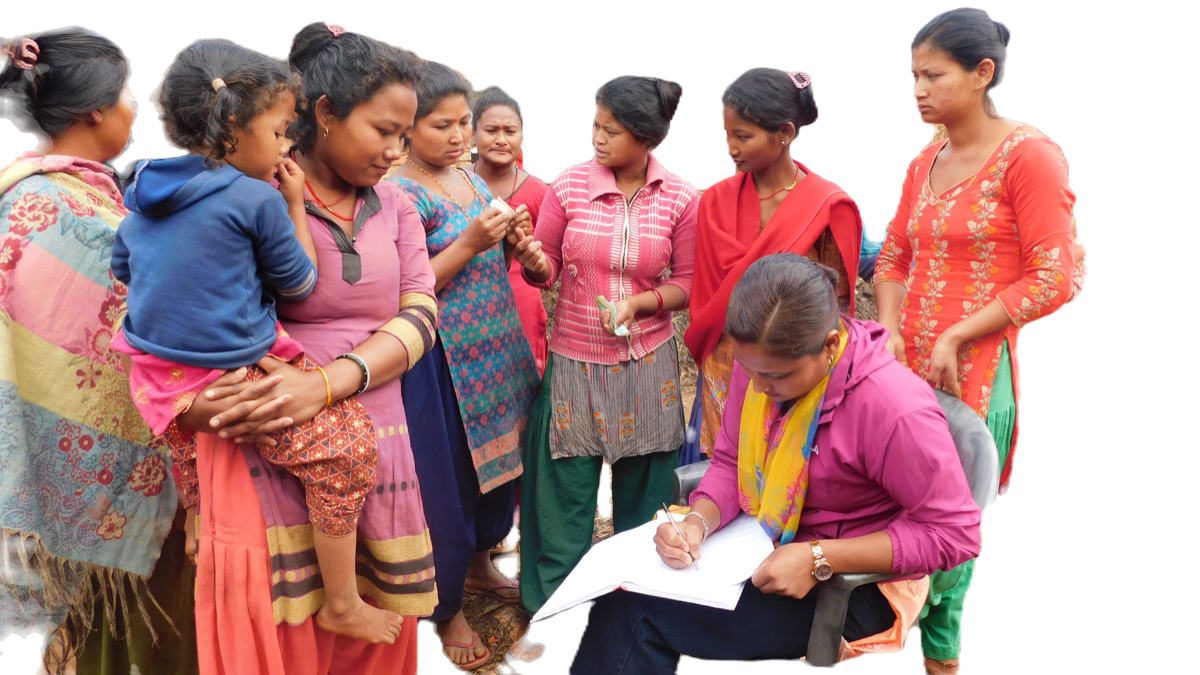 WSHG members gather as the elected secretary writes the day's savings entries in the group ledger, Bhimtar Ward 12.